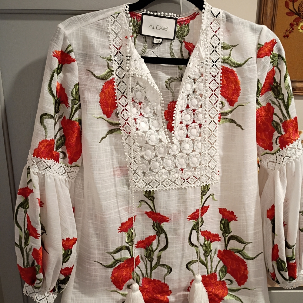 Alexis White Cotton Peasant Blouse with Red Floral Embroidery